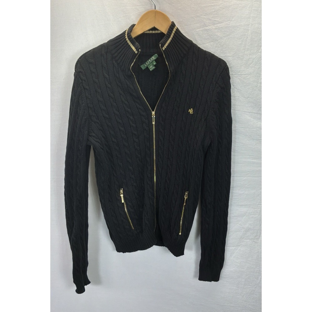 Vtg Lauren Ralph Lauren Cardigan Womens Black Sz M Cable Knit Gold Accent Logo